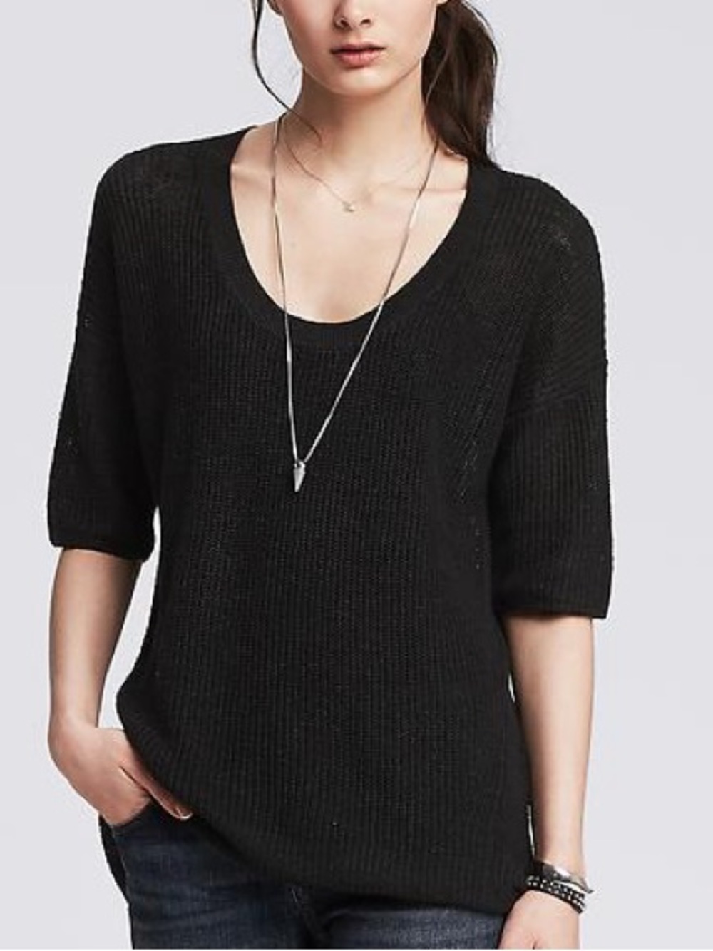 Banana Republic Black Linen Blend Scoop Neck Pullover Sweater Size Large EUC